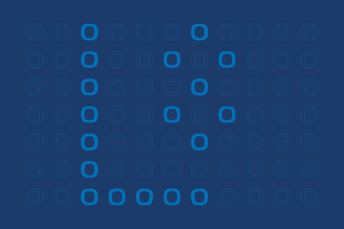 Una griglia di cerchi di colore blu su sfondo blu scuro. Tutti i cerchi sono uguali nella loro forma e dimensione. La maggior parte dei cerchi sono solo contorni (outline), mentre alcuni cerchi, di un blu più pieno, formano due figure distinte all'interno della griglia: una "L" stilizzata e un "8" stilizzato.