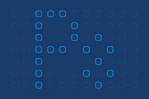 Una griglia di cerchi di colore blu su sfondo blu scuro. Tutti i cerchi sono uguali nella loro forma e dimensione. La maggior parte dei cerchi sono solo contorni (outline), mentre alcuni cerchi, di un blu più pieno, formano due figure distinte all'interno della griglia: una "P" stilizzata e un "8" stilizzato.